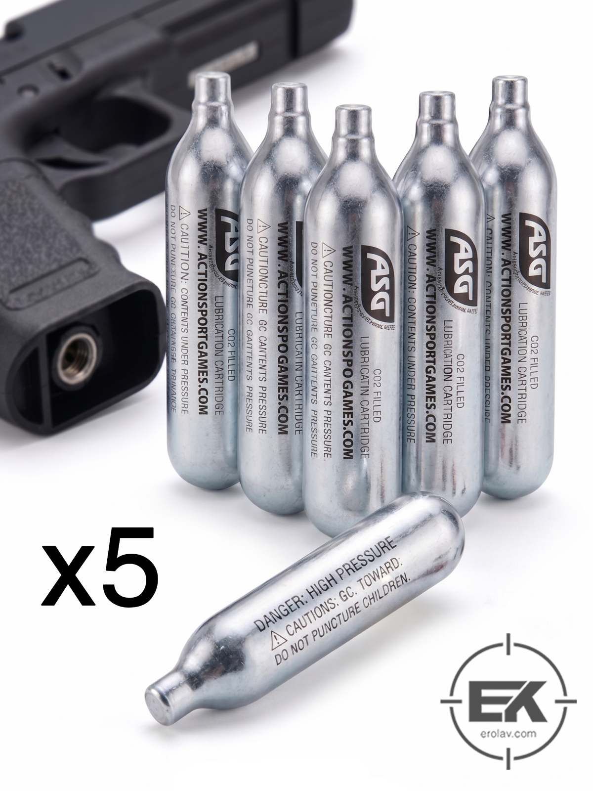 ASG CO₂ tüpü 5’li paket detay görseli, ekipmanlar dahil değildir