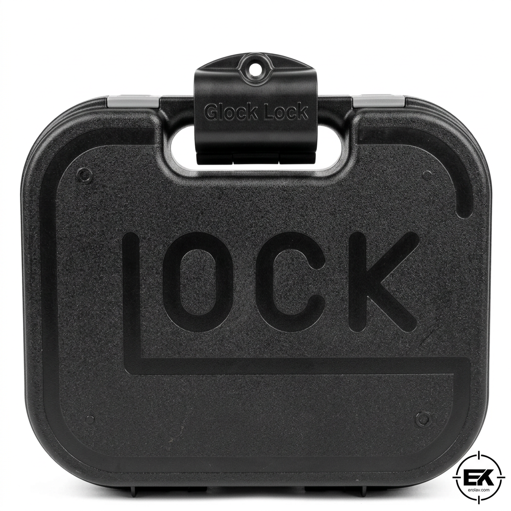 Beyaz fonda Glock çantasına takılı siyah kilitleme aparatı