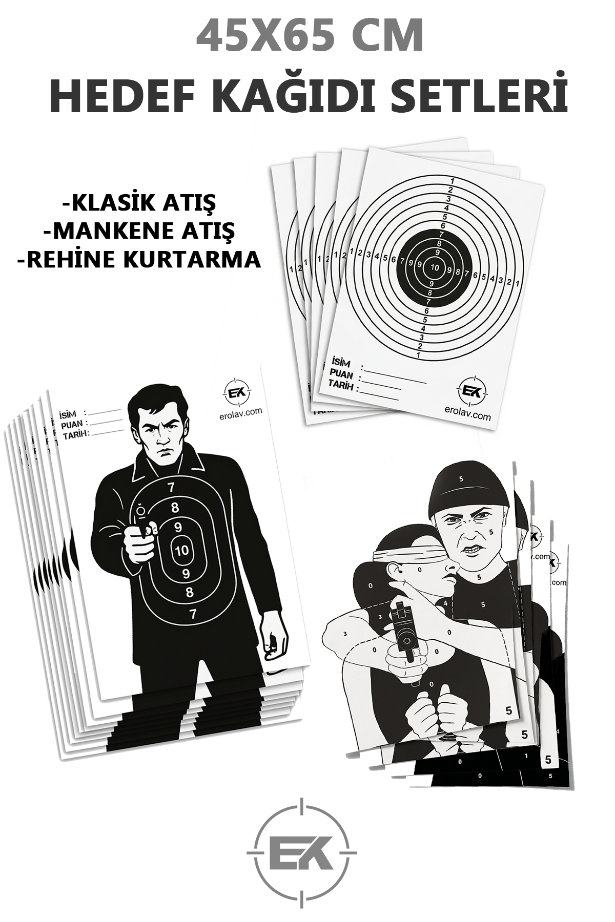 45 × 65 cm karma hedef kağıdı 15’li set: Klasik, Manken ve Rehineyi Kurtar