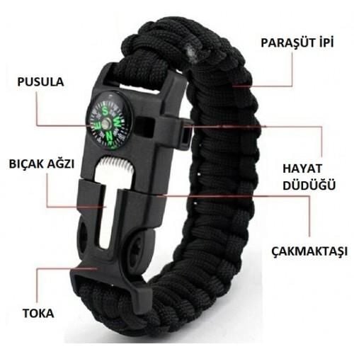 5'i 1 Arada Survival Kamp Bilekliği | Pusulalı, Düdüklü, Çakmak Taşlı Paracord Bileklik